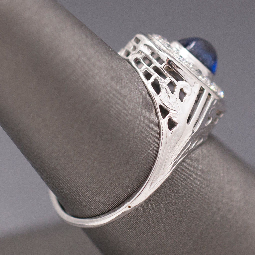 Vintage Sapphire Cabochon and Old Cut Diamond Halo Ring in 14k White Gold