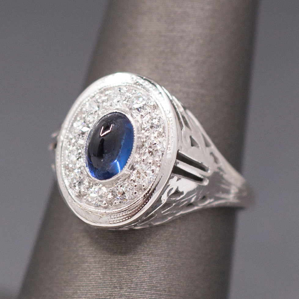 Vintage Sapphire Cabochon and Old Cut Diamond Halo Ring in 14k White Gold