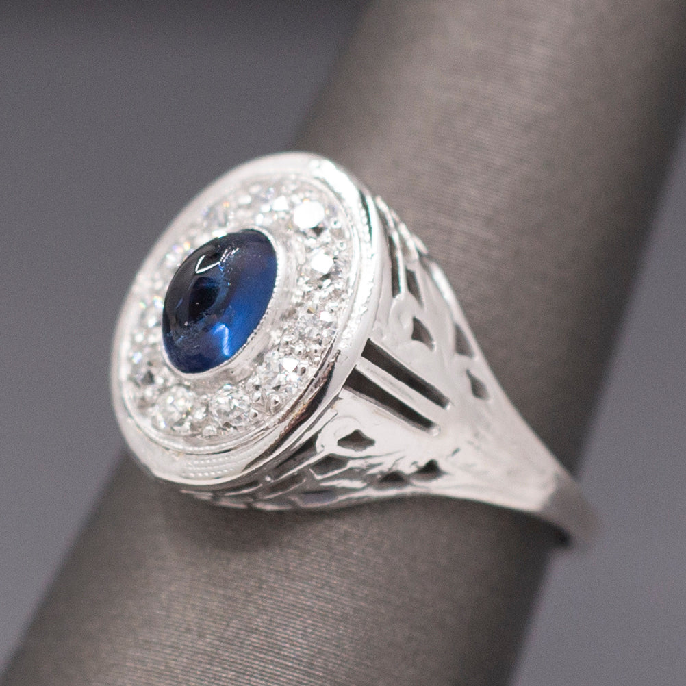 Vintage Sapphire Cabochon and Old Cut Diamond Halo Ring in 14k White Gold
