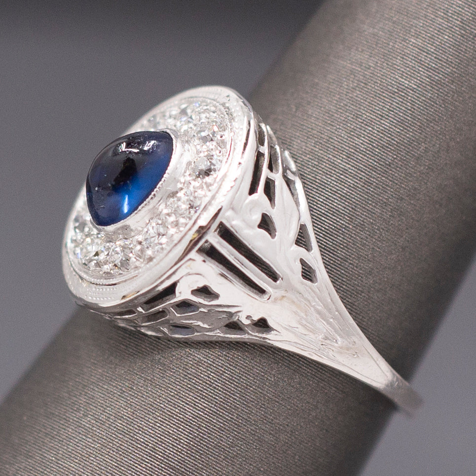 Vintage Sapphire Cabochon and Old Cut Diamond Halo Ring in 14k White Gold