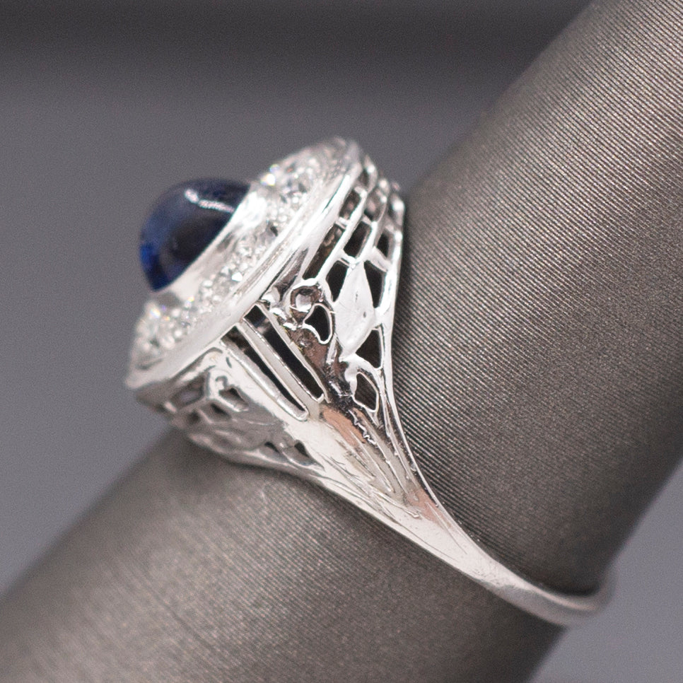 Vintage Sapphire Cabochon and Old Cut Diamond Halo Ring in 14k White Gold