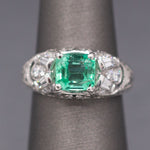 Vintage Natural Emerald and Diamond Engraved Ring in Platinum