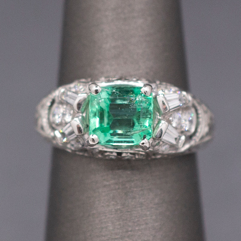 Vintage Natural Emerald and Diamond Engraved Ring in Platinum