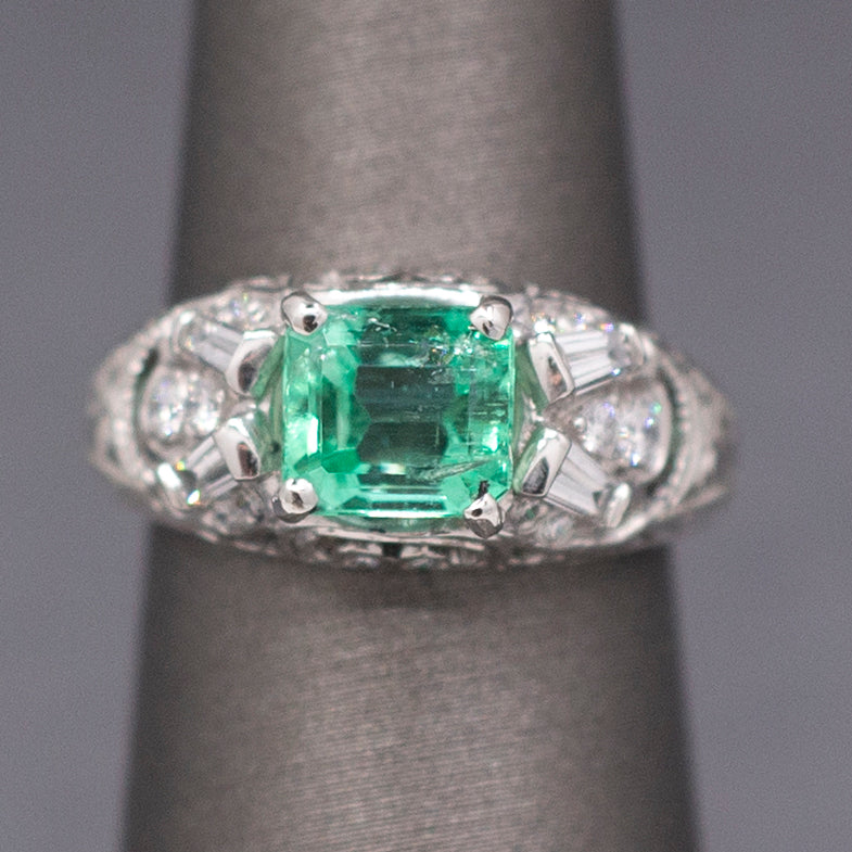 Vintage Natural Emerald and Diamond Engraved Ring in Platinum