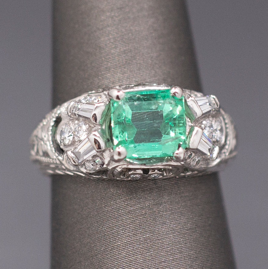 Vintage Natural Emerald and Diamond Engraved Ring in Platinum