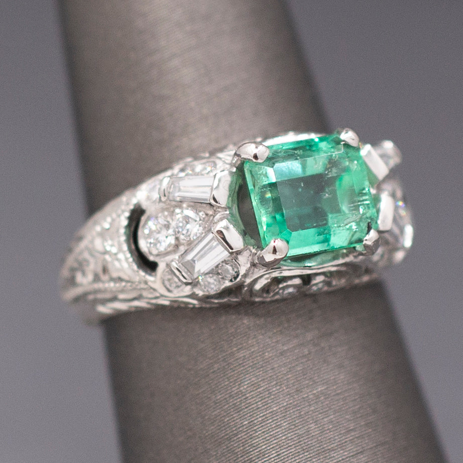 Vintage Natural Emerald and Diamond Engraved Ring in Platinum