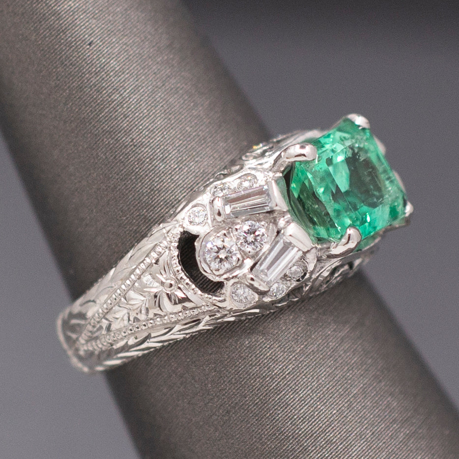 Vintage Natural Emerald and Diamond Engraved Ring in Platinum
