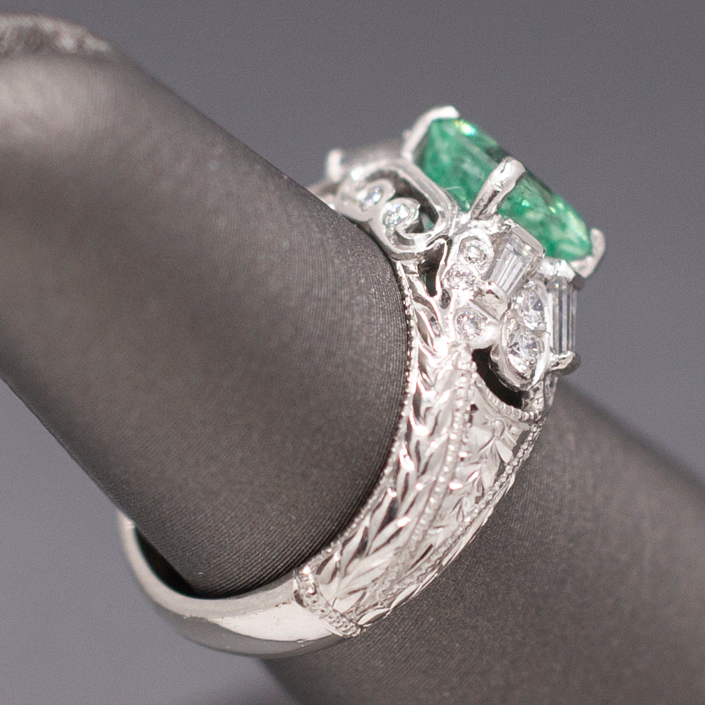 Vintage Natural Emerald and Diamond Engraved Ring in Platinum
