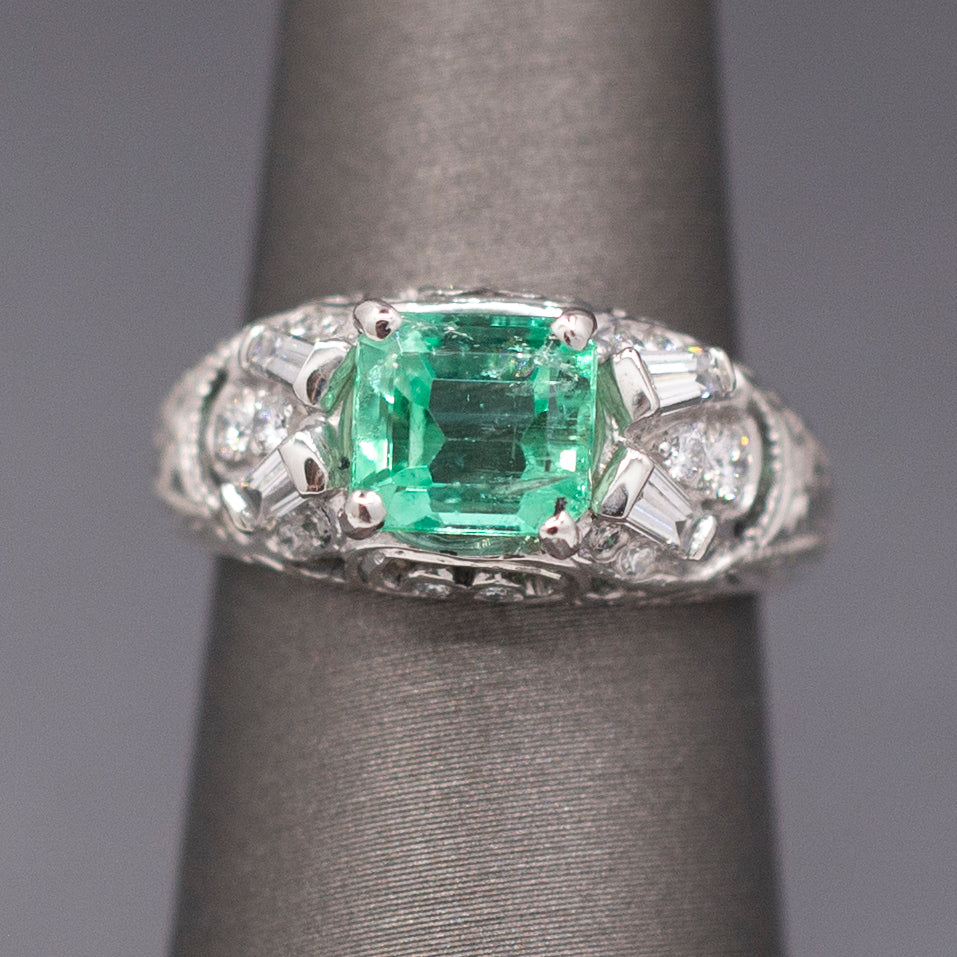 Vintage Natural Emerald and Diamond Engraved Ring in Platinum