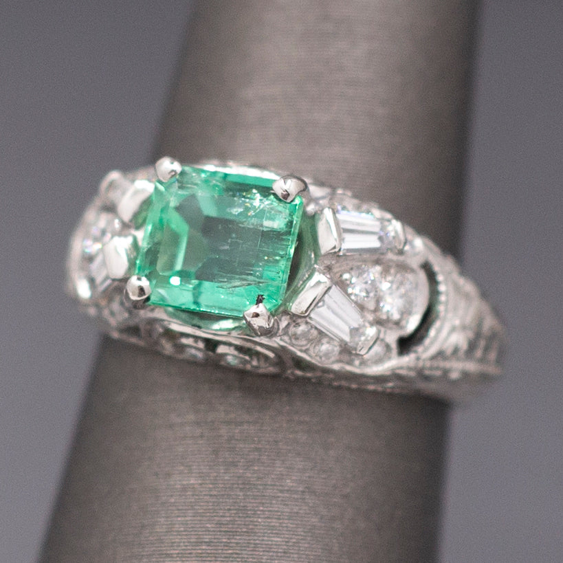Vintage Natural Emerald and Diamond Engraved Ring in Platinum