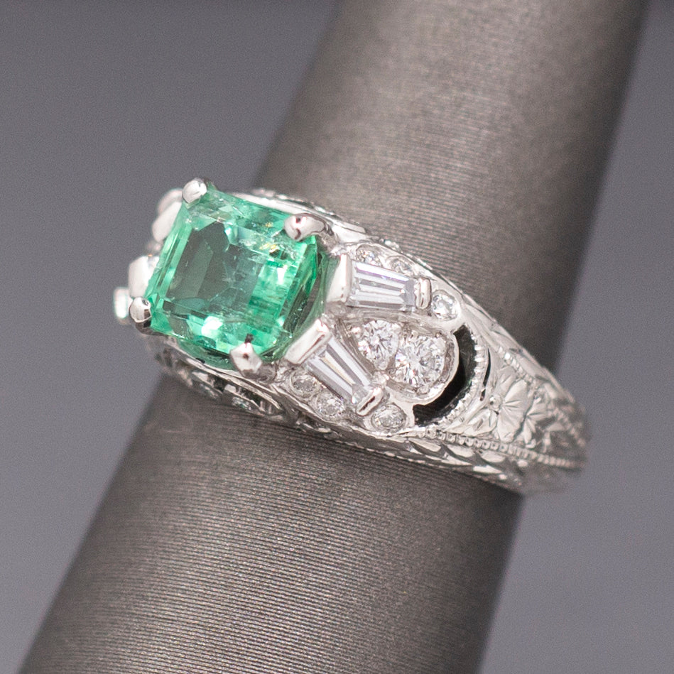 Vintage Natural Emerald and Diamond Engraved Ring in Platinum