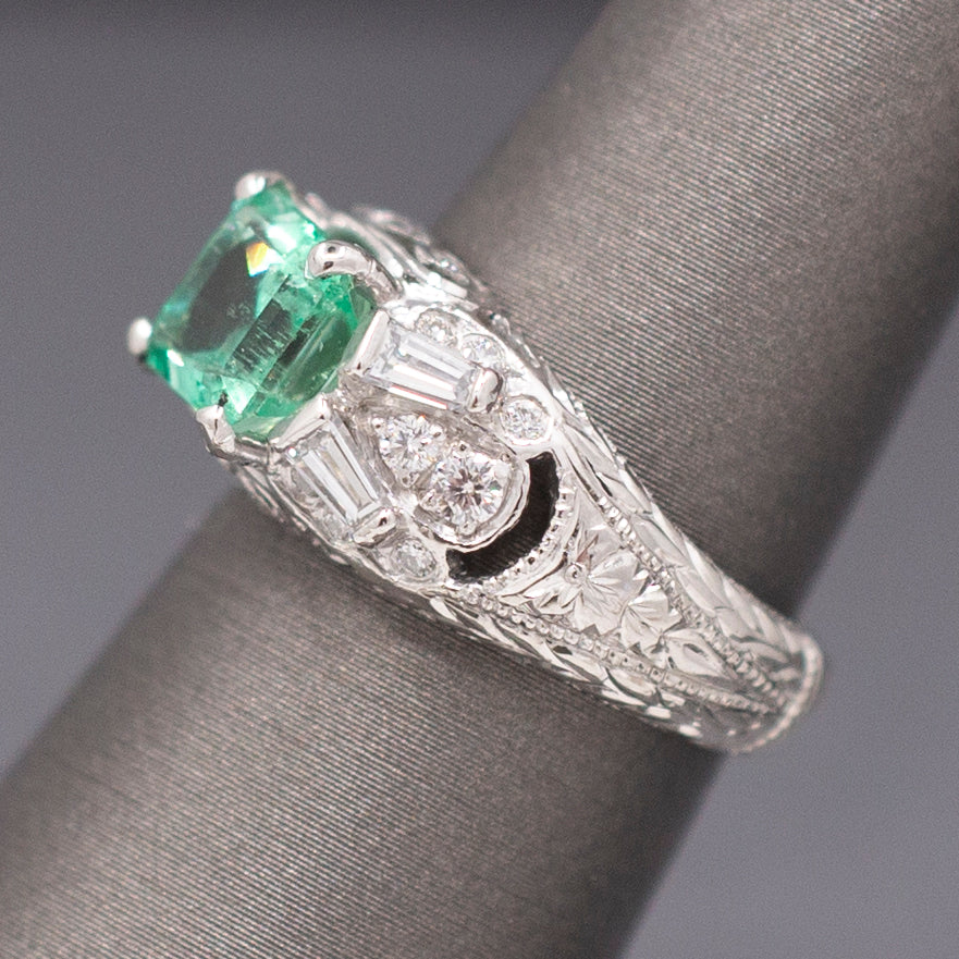Vintage Natural Emerald and Diamond Engraved Ring in Platinum