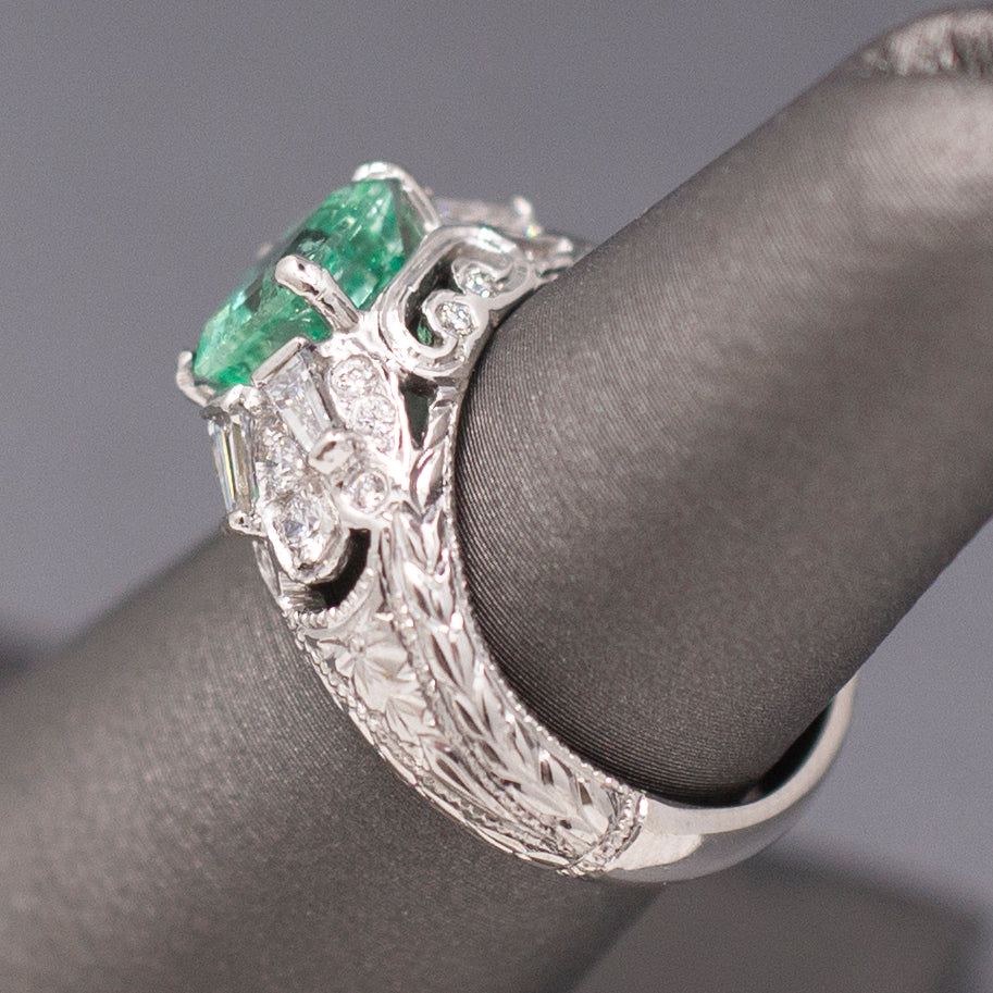 Vintage Natural Emerald and Diamond Engraved Ring in Platinum
