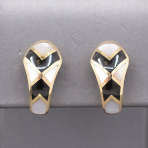 Asch Grossbardt Onyx and White Mother of Pearl J Hoop Earrings in 14k Yellow Gold