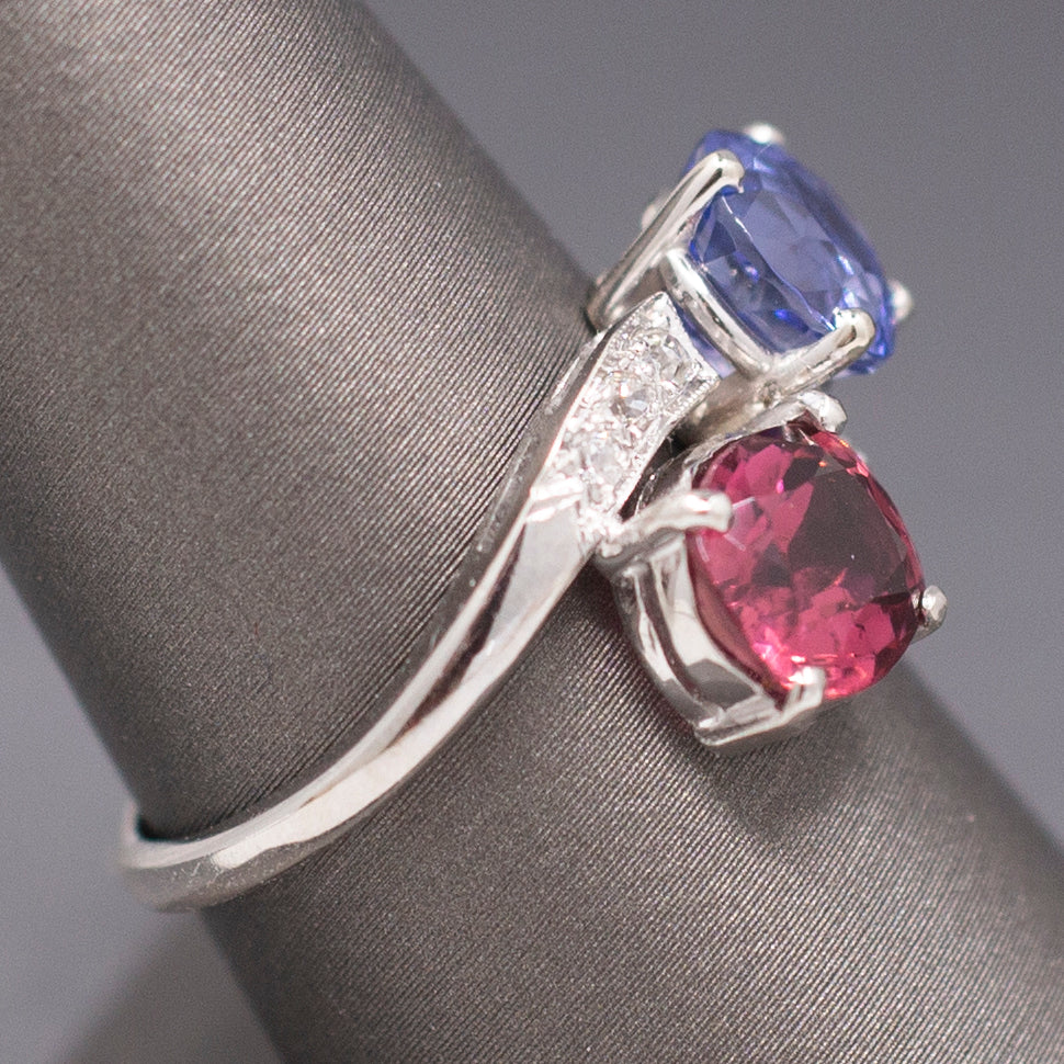 Mid-Century Modern Violet Sapphire and Pink Tourmaline Bypass Moi et Toi Ring in Platinum
