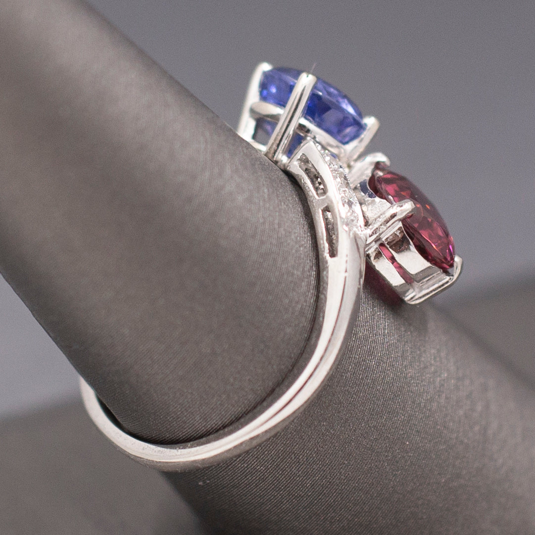 Mid-Century Modern Violet Sapphire and Pink Tourmaline Bypass Moi et Toi Ring in Platinum
