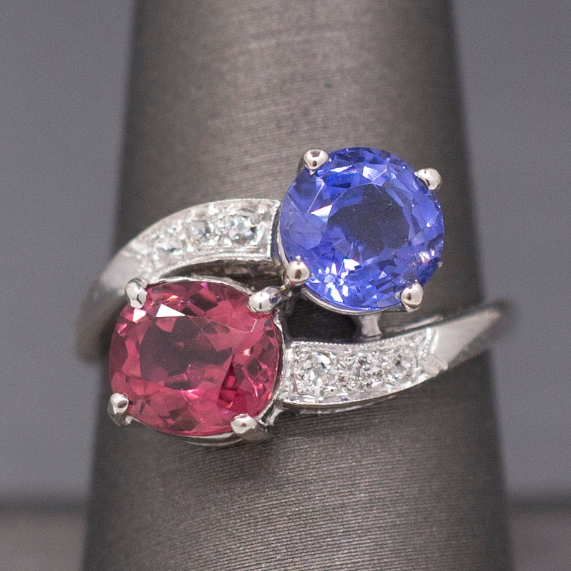 Mid-Century Modern Violet Sapphire and Pink Tourmaline Bypass Moi et Toi Ring in Platinum
