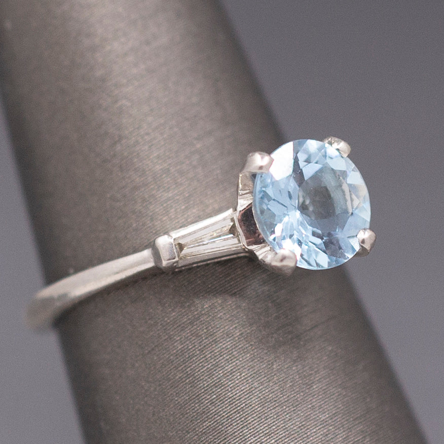 Vintage Sparkling Aquamarine and Diamond Classic Three Stone Ring in Platinum