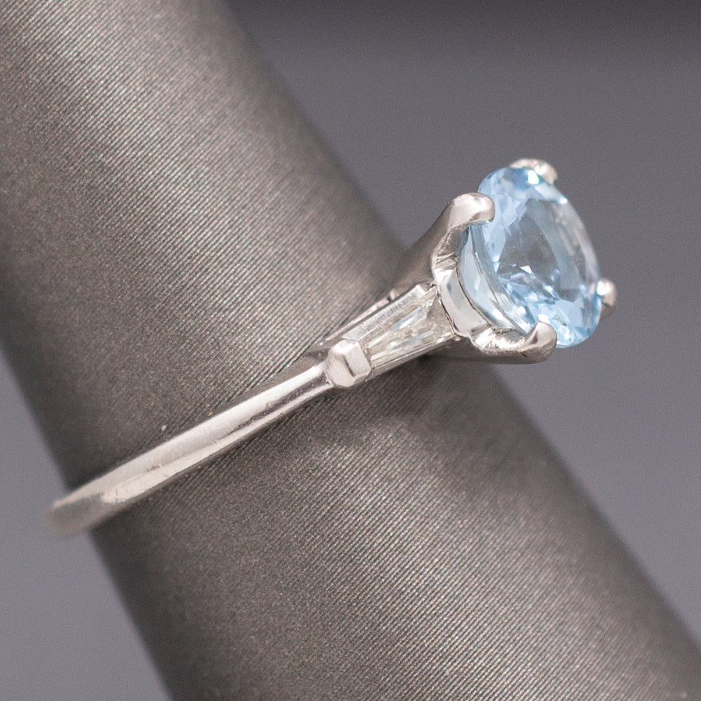 Vintage Sparkling Aquamarine and Diamond Classic Three Stone Ring in Platinum