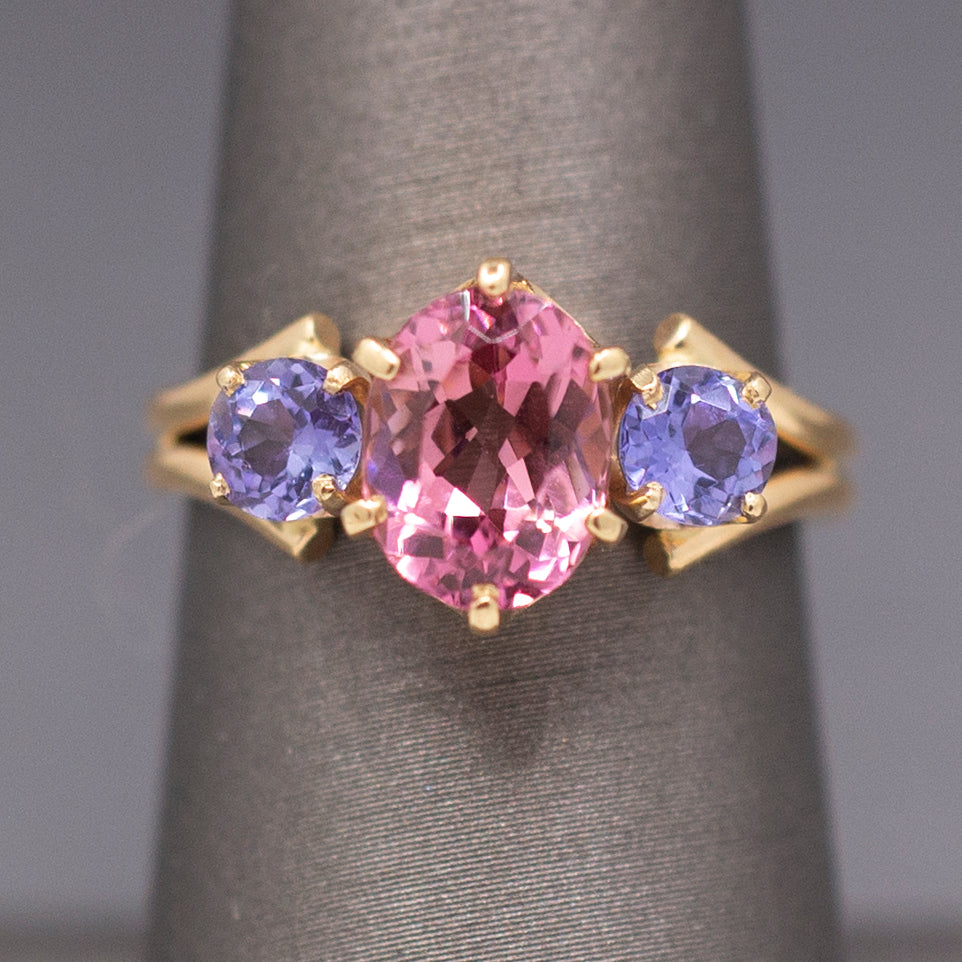 Vintage Pink Tourmaline and Tanzanite Ring in 14k Yellow Gold