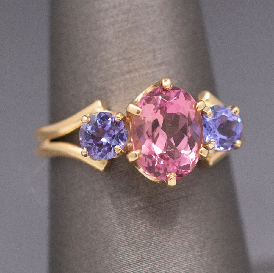 Vintage Pink Tourmaline and Tanzanite Ring in 14k Yellow Gold