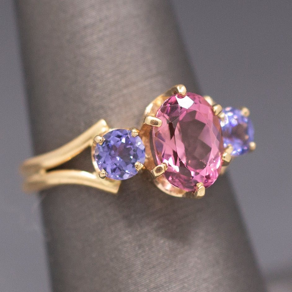 Vintage Pink Tourmaline and Tanzanite Ring in 14k Yellow Gold
