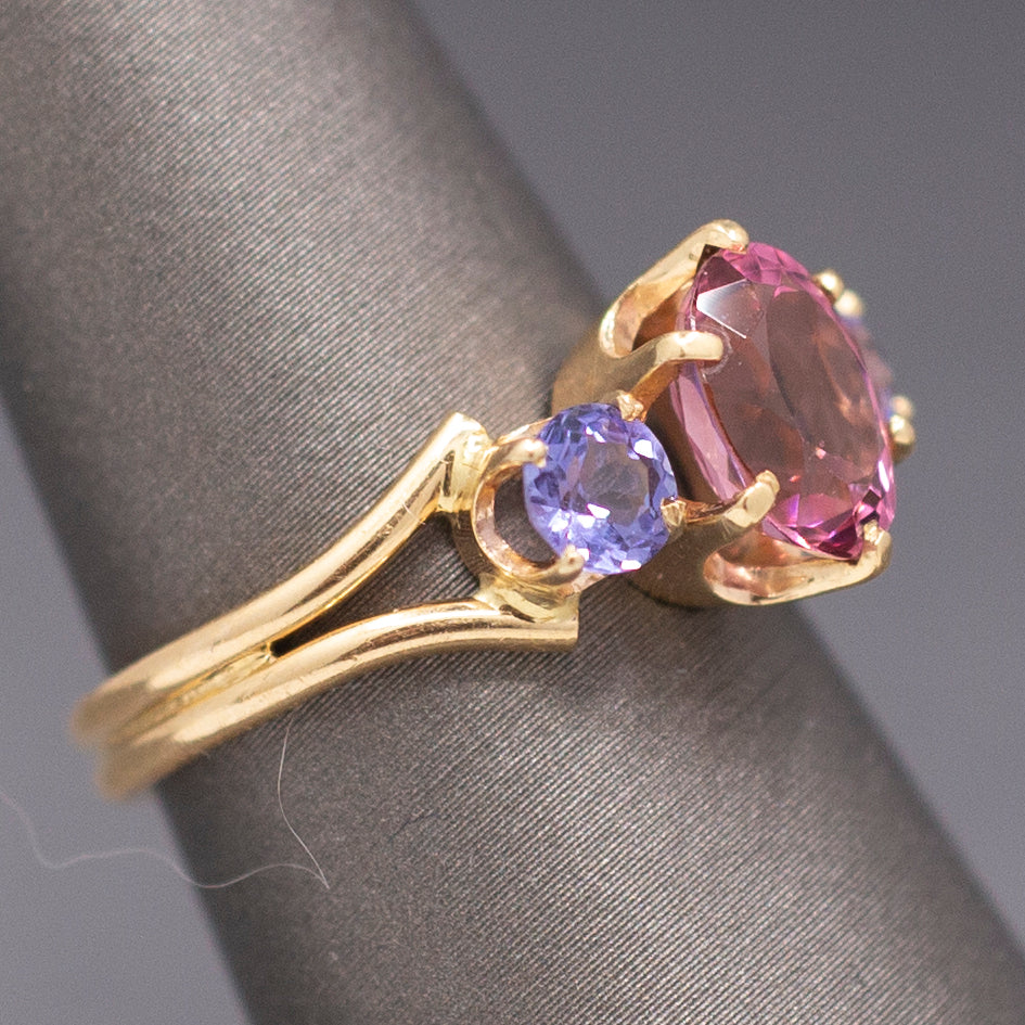 Vintage Pink Tourmaline and Tanzanite Ring in 14k Yellow Gold