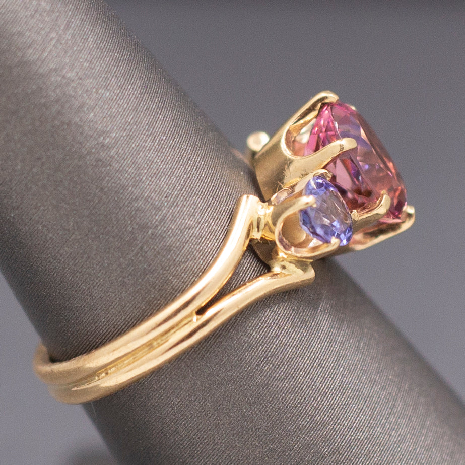 Vintage Pink Tourmaline and Tanzanite Ring in 14k Yellow Gold