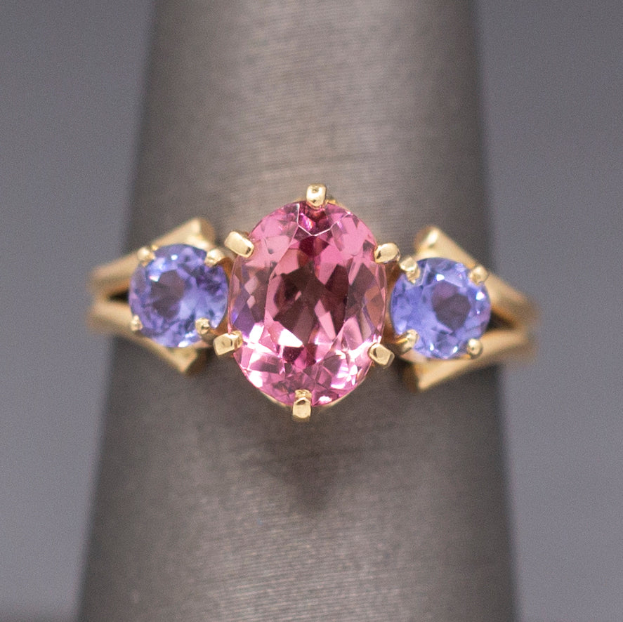 Vintage Pink Tourmaline and Tanzanite Ring in 14k Yellow Gold