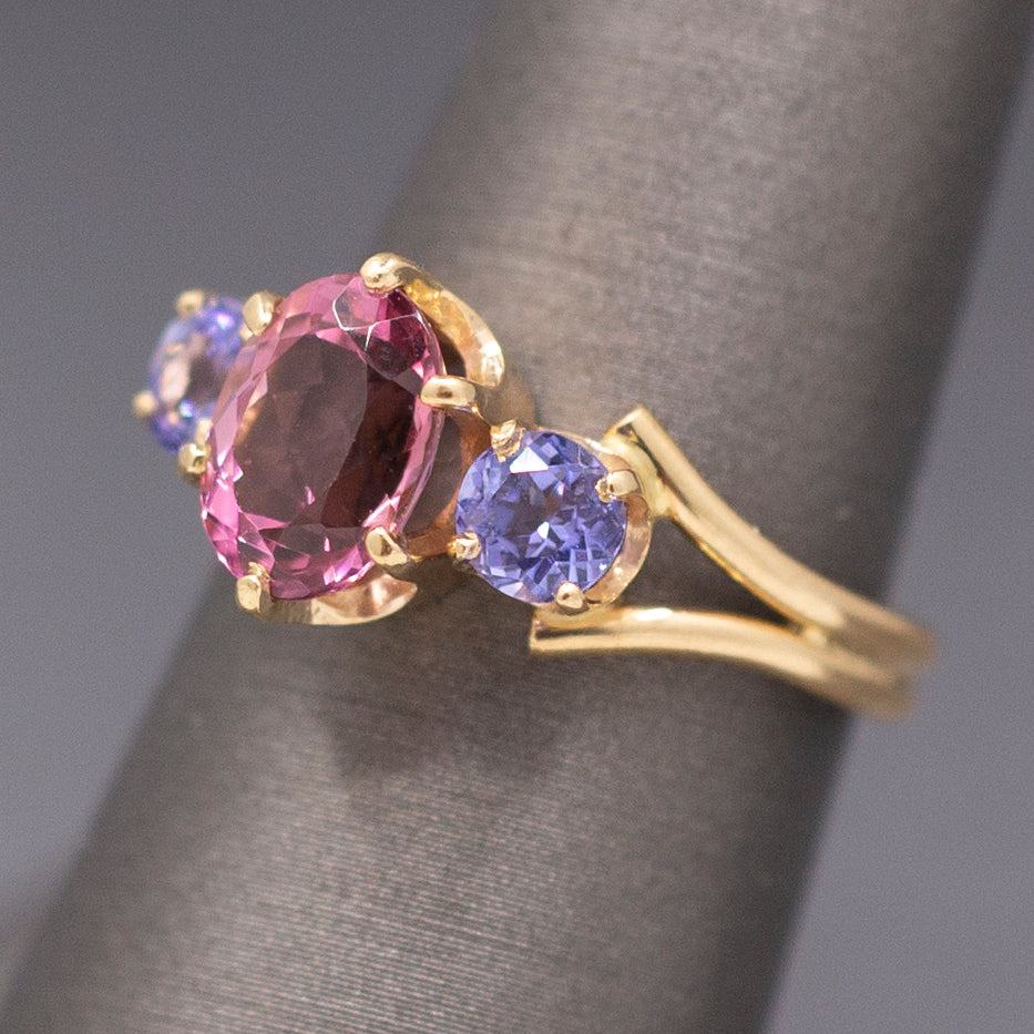 Vintage Pink Tourmaline and Tanzanite Ring in 14k Yellow Gold