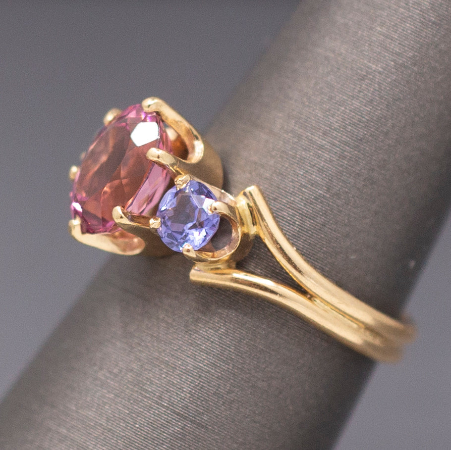 Vintage Pink Tourmaline and Tanzanite Ring in 14k Yellow Gold