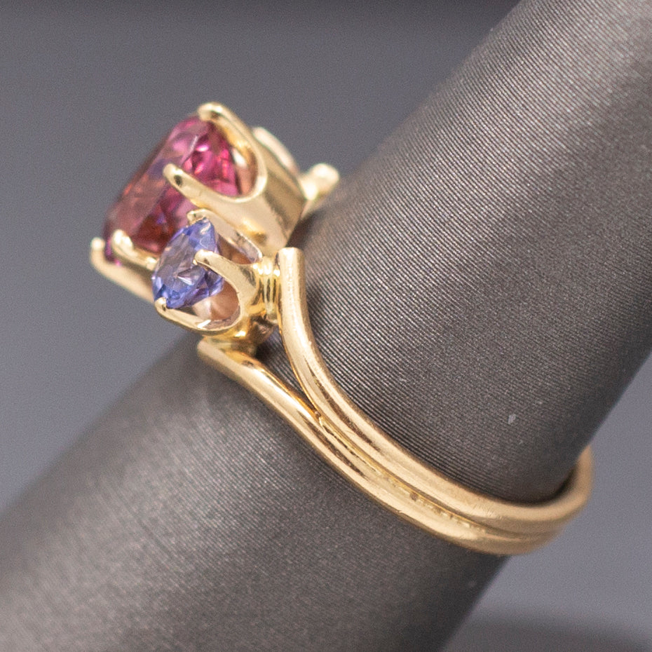 Vintage Pink Tourmaline and Tanzanite Ring in 14k Yellow Gold