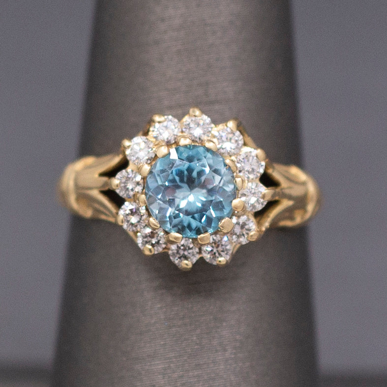 Vintage Blue Zircon and Diamond Halo Ring in 14k Yellow Gold
