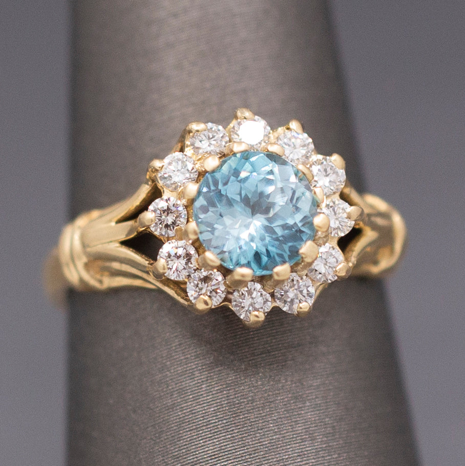 Vintage Blue Zircon and Diamond Halo Ring in 14k Yellow Gold