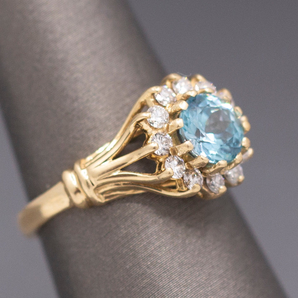 Vintage Blue Zircon and Diamond Halo Ring in 14k Yellow Gold