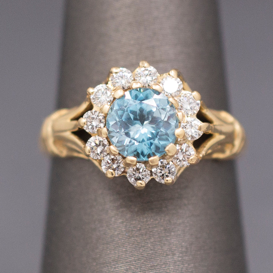 Vintage Blue Zircon and Diamond Halo Ring in 14k Yellow Gold