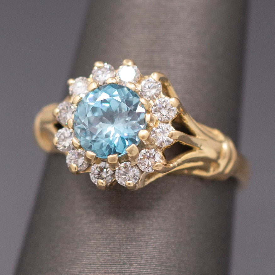 Vintage Blue Zircon and Diamond Halo Ring in 14k Yellow Gold