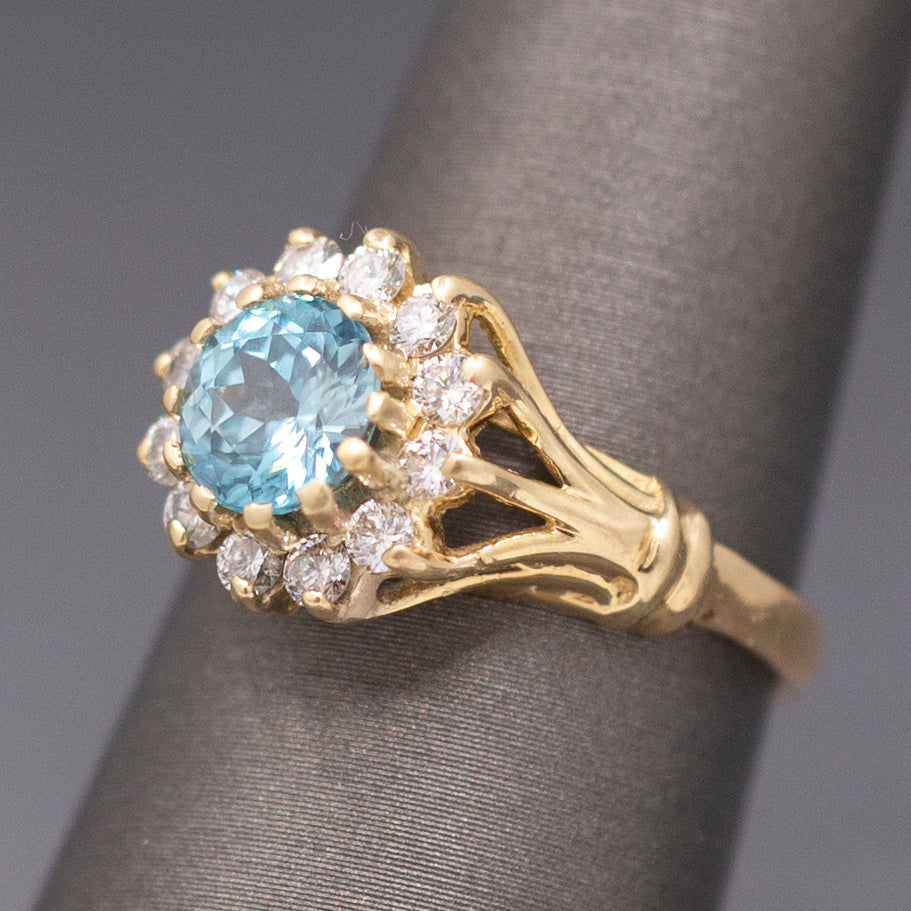 Vintage Blue Zircon and Diamond Halo Ring in 14k Yellow Gold