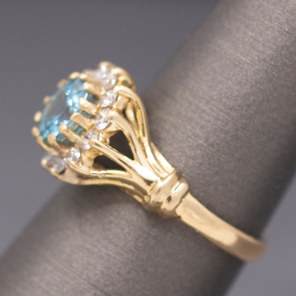 Vintage Blue Zircon and Diamond Halo Ring in 14k Yellow Gold