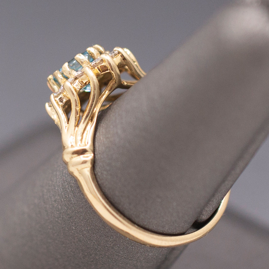 Vintage Blue Zircon and Diamond Halo Ring in 14k Yellow Gold