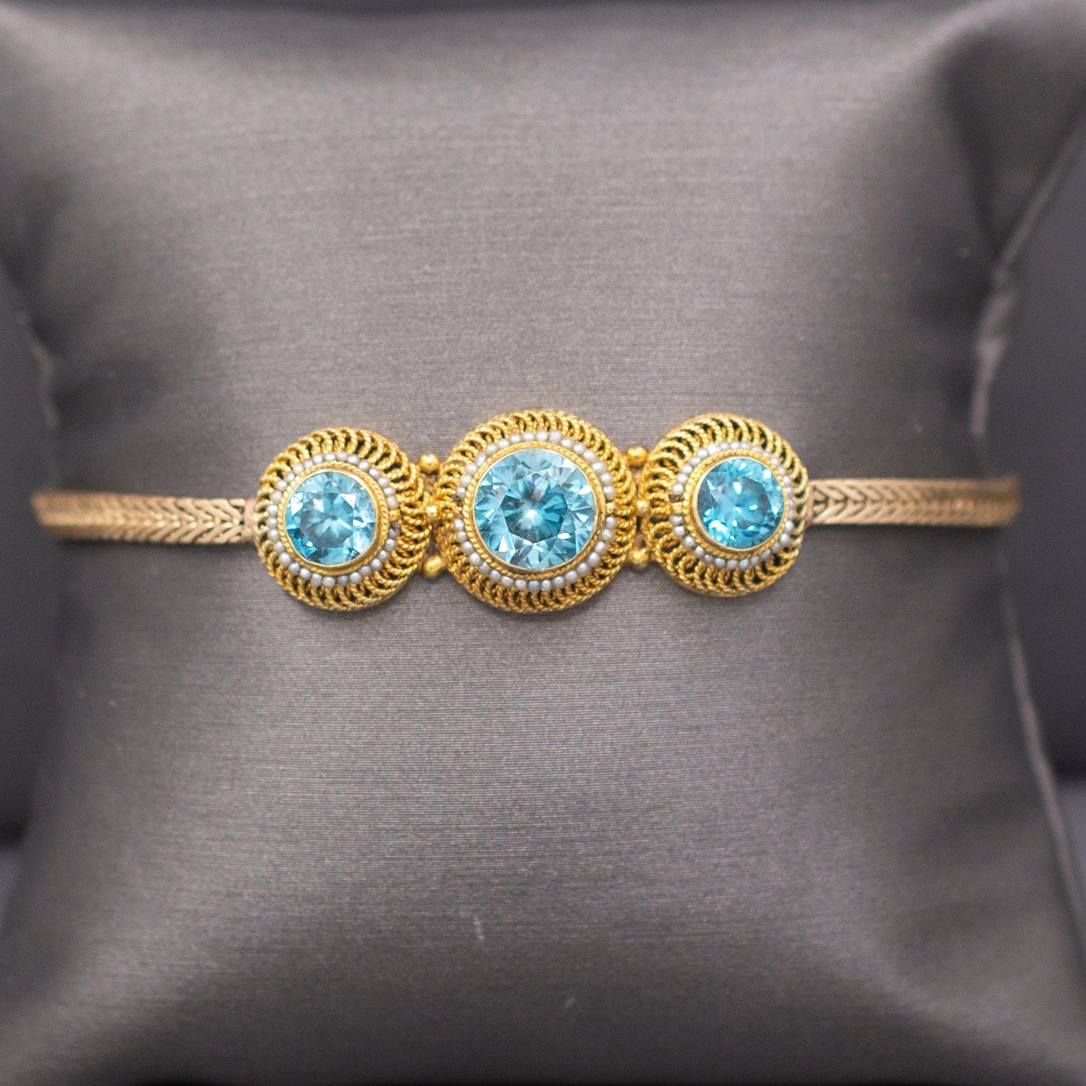 Stunning Victorian Blue Zircon and Seed Pearl Bracelet in 14k Yellow Gold
