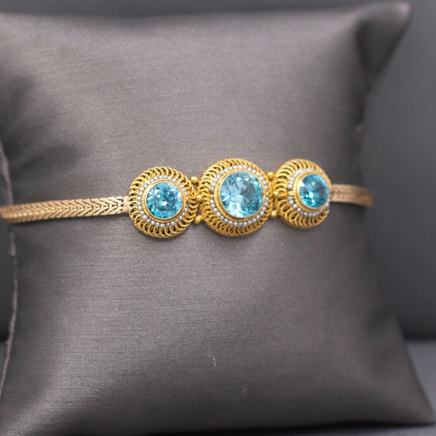 Stunning Victorian Blue Zircon and Seed Pearl Bracelet in 14k Yellow Gold