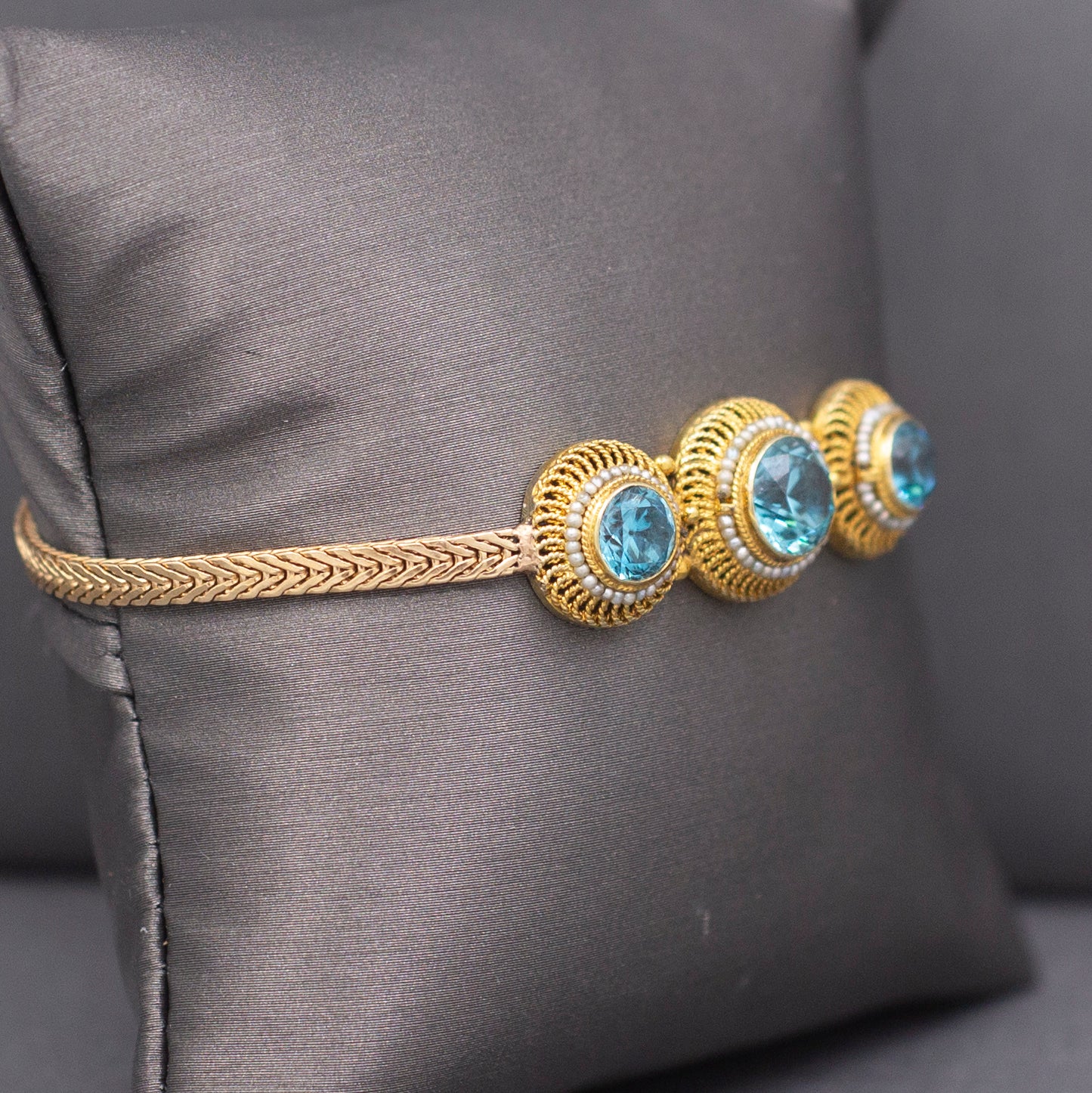 Stunning Victorian Blue Zircon and Seed Pearl Bracelet in 14k Yellow Gold
