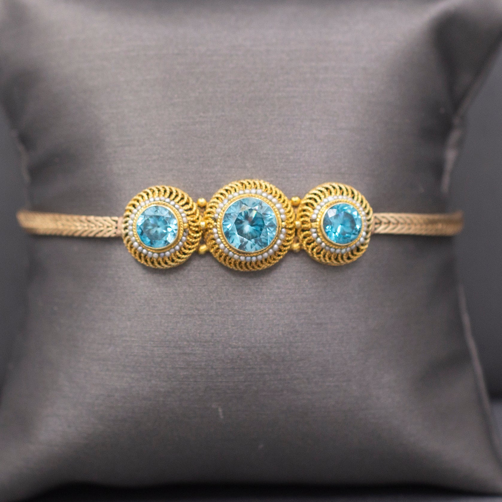 Stunning Victorian Blue Zircon and Seed Pearl Bracelet in 14k Yellow Gold