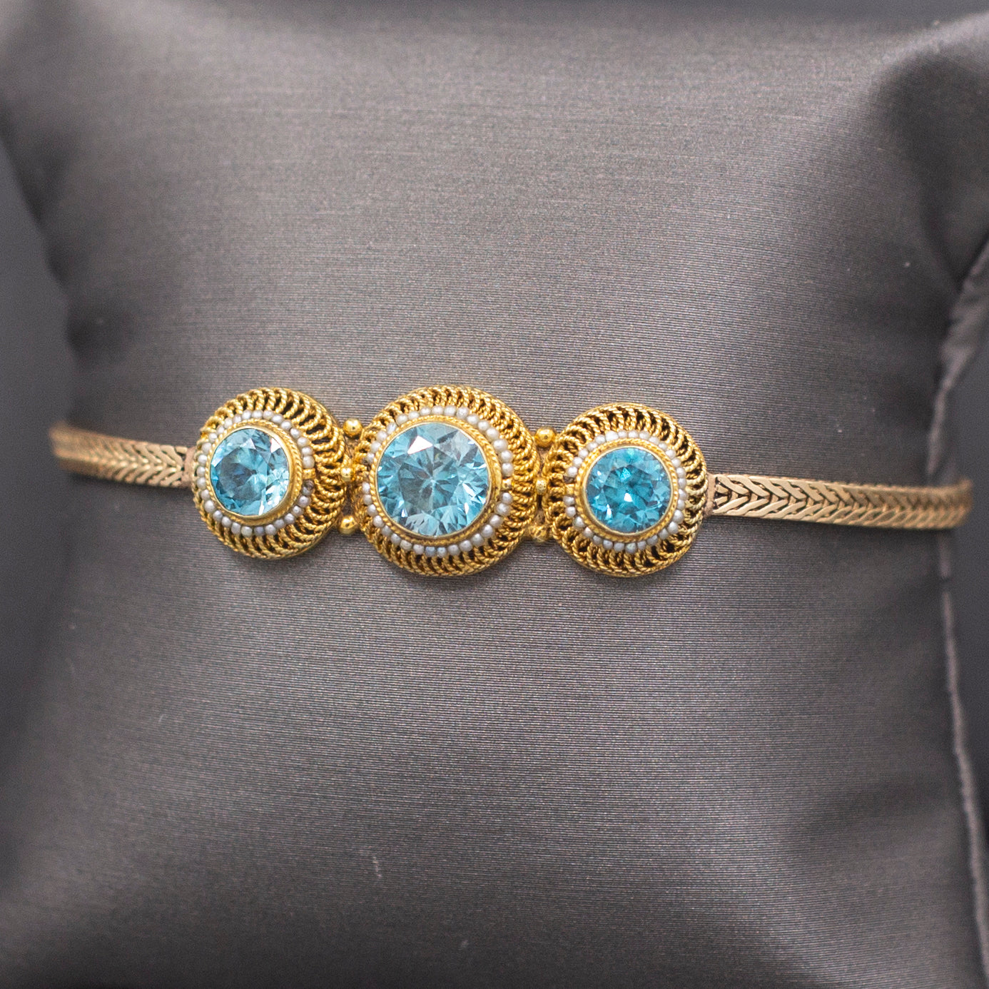 Stunning Victorian Blue Zircon and Seed Pearl Bracelet in 14k Yellow Gold