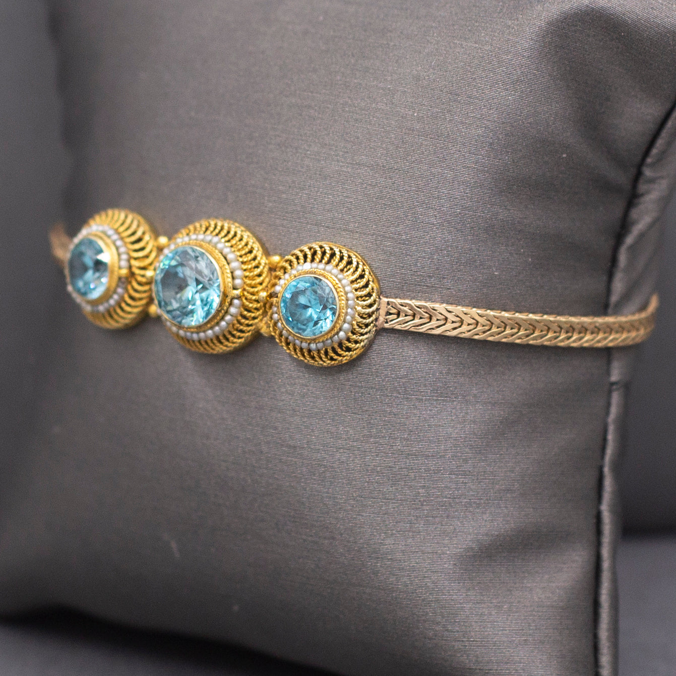 Stunning Victorian Blue Zircon and Seed Pearl Bracelet in 14k Yellow Gold