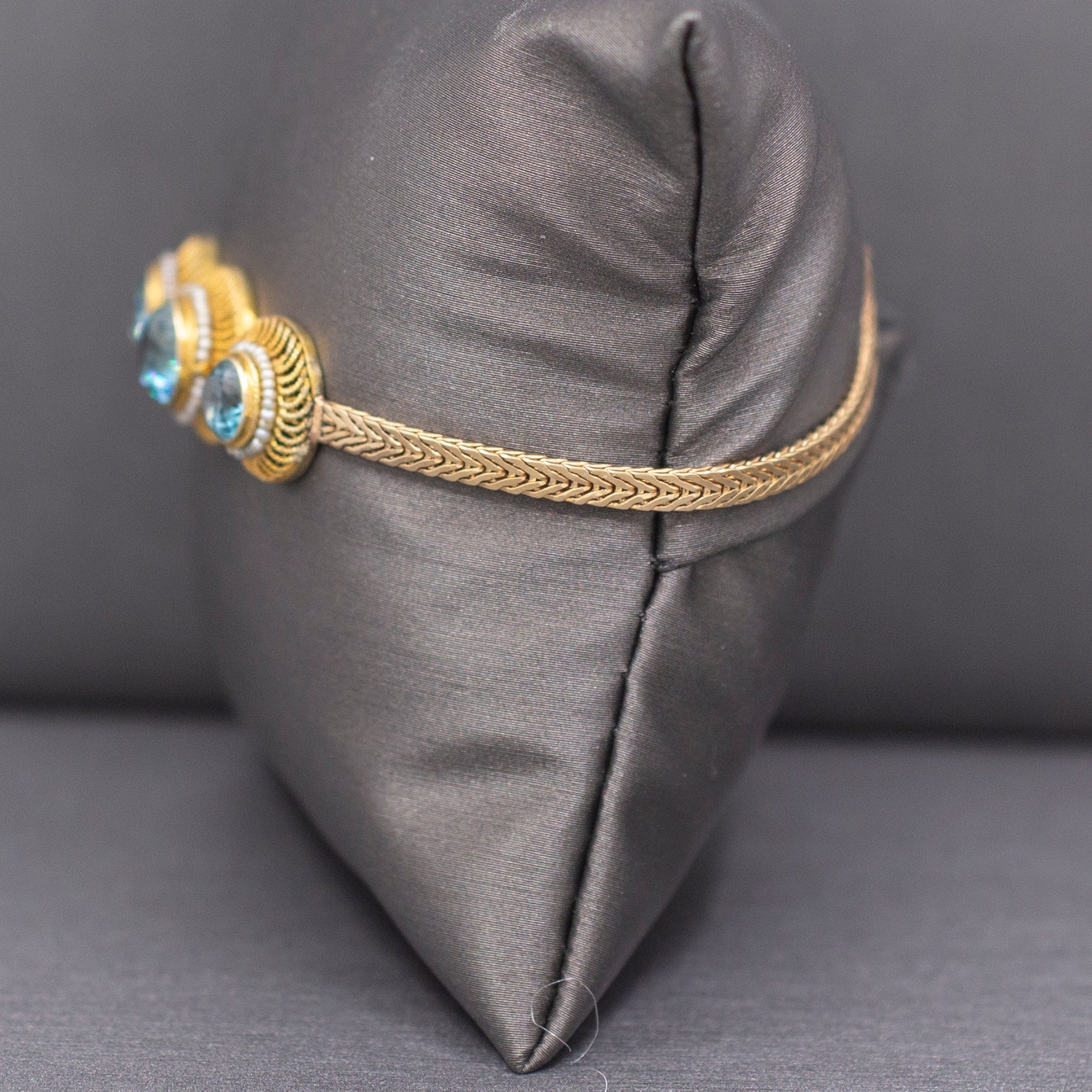 Stunning Victorian Blue Zircon and Seed Pearl Bracelet in 14k Yellow Gold