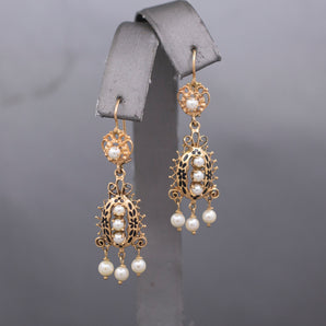 Victorian Revival Pearl and Black Enamel Tiered Drop Dangle Earrings in 14k Yellow Gold