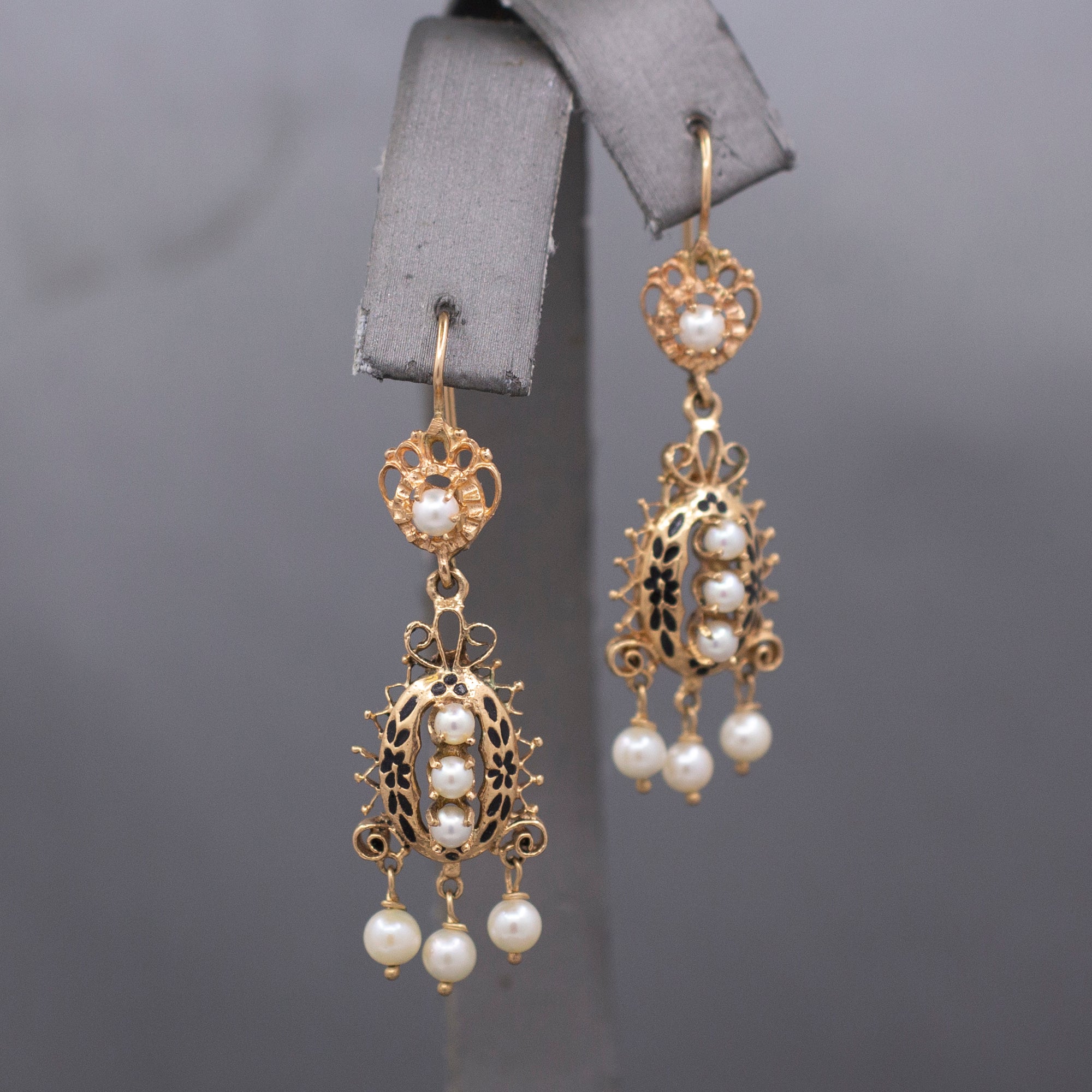 Victorian Revival Pearl and Black Enamel Tiered Drop Dangle Earrings in 14k Yellow Gold