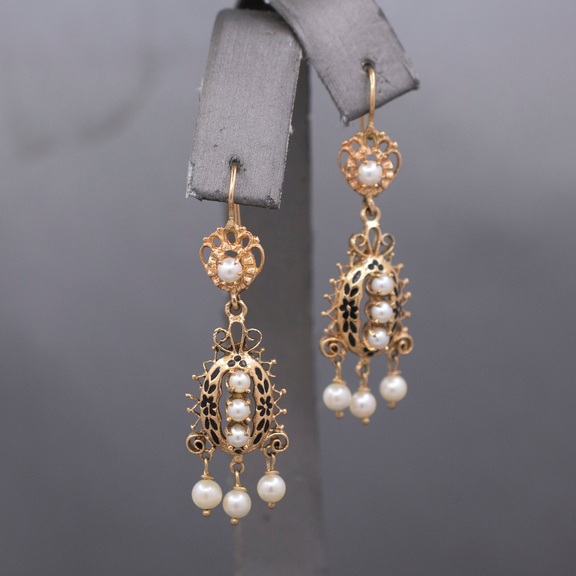 Victorian Revival Pearl and Black Enamel Tiered Drop Dangle Earrings in 14k Yellow Gold